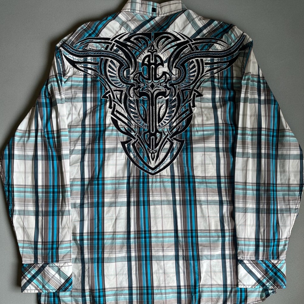 Roar Signature Mens XXXL Plaid Button Down Shirt Turquoise Black Tribal Graphic